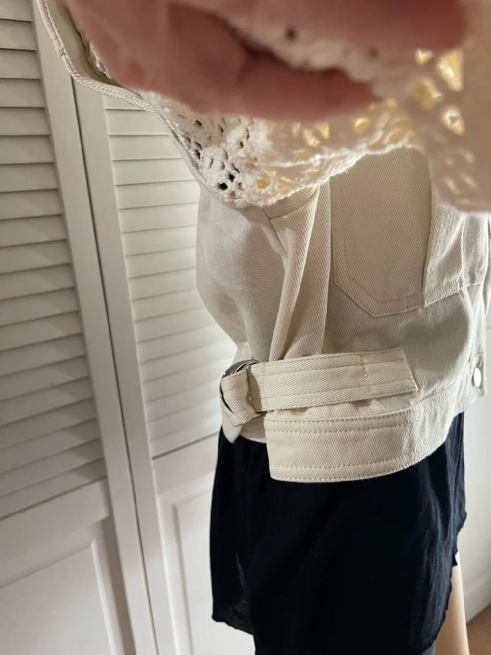 Veronica Beard Cream Crochet-Sleeve Jean Jacket - Picture 4 of 9